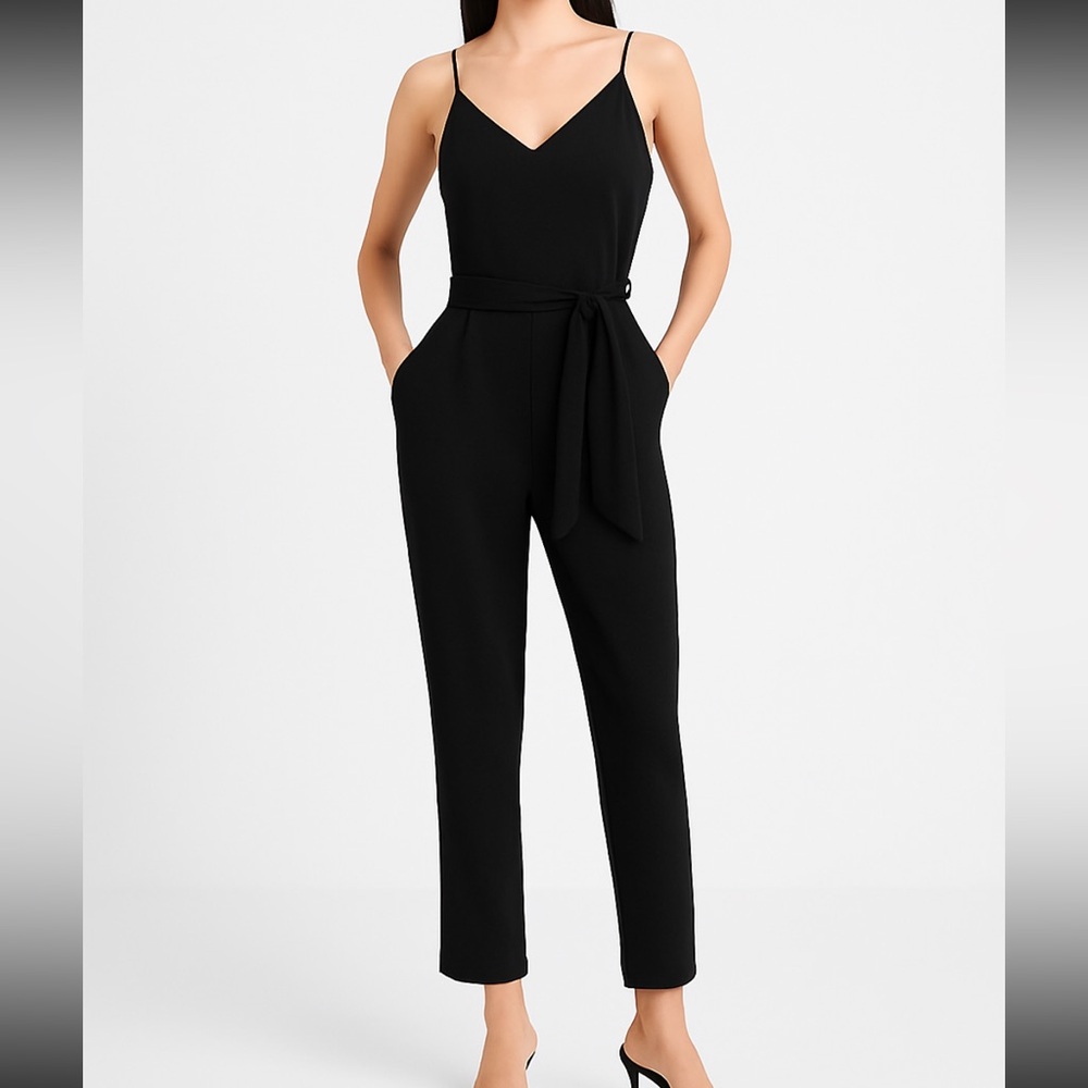 Express Black V-Neck Tie Waist Jumpsuit - Size M